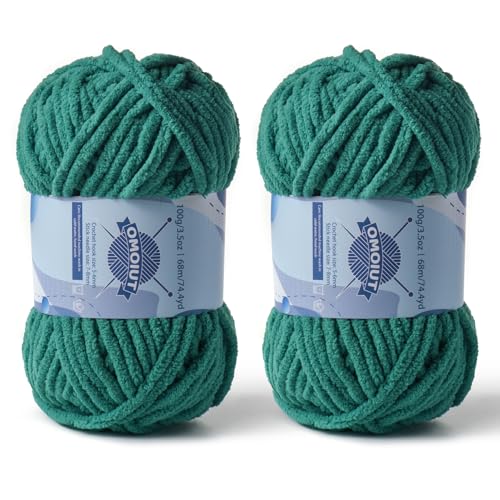 Dickes Chenille-Garn zum Häkeln, Babygarn zum Häkeln, weiche Decken, sperrige Garne zum Häkeln von Amigurumi, 2 x 100 g, flauschige Samtgarne zum Handstricken, 2 x 100 g, 2 x 74 m, dunkelgrün von OMoiut