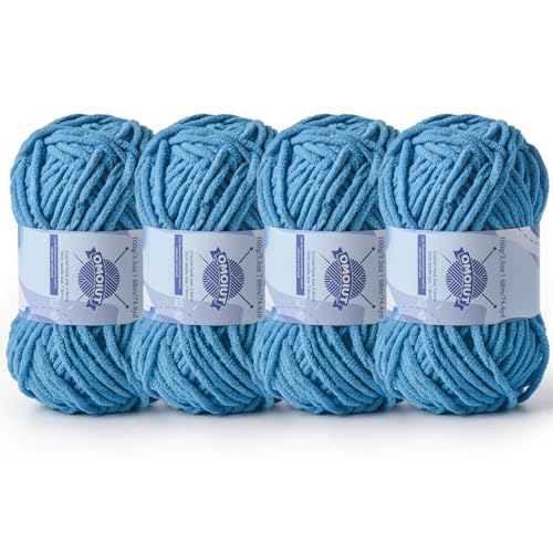 Dickes Chenille-Garn zum Häkeln, Babygarn zum Häkeln, weiche Decken, sperrige Garne zum Häkeln von Amigurumi, 4 x 100 g, flauschige Samtgarne zum Handstricken, 4 x 100 g, 4 x 74 m, Blau (4 x 74,3 Yds) von OMoiut