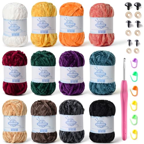 Dickes Chenille-Garn zum Häkeln und Handstricken, mit schwarz-rot-weiß-grün-orange-blauem Plüsch-Samtgarn, Babydeckengarn zum Häkeln, weiches Amigurumi-Garn D, 12 Stück Dickes Chenille-Garn zum Häkeln und Handstricken, mit schwarz-rot-weiß-grün-orange-blauem Plüsch-Samtgarn, Babydeckengarn zum Häkeln, weiches Amigurumi-Garn D, 12 Stück von OMoiut