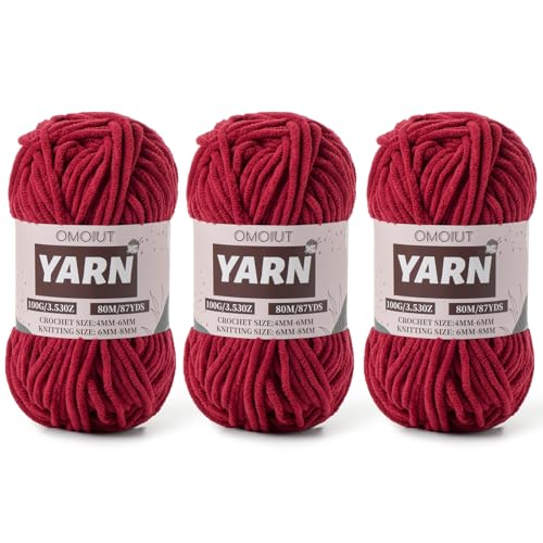 Flauschiges Chenille-Garn zum Häkeln, Babygarn zum Häkeln, weiche Decke, 3 Packungen mit 100 g, Amigurumi-Strickgarne – super sperrige 5 Samtgarne (3 Burgunderrot) von OMoiut
