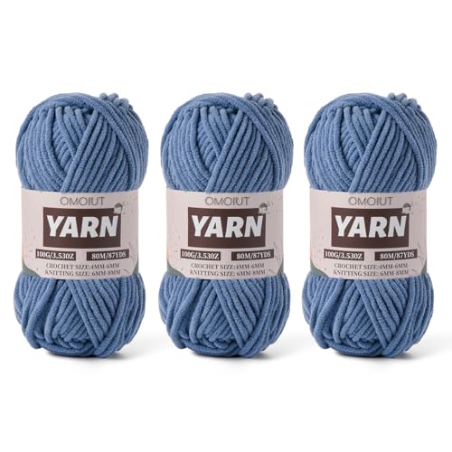 Flauschiges Chenille-Garn zum Häkeln, Babygarn zum Häkeln, weiche Decke, 3 Packungen mit 100 g, Amigurumi-Strickgarne – super sperrige 5 Samtgarne (3 Marineblau) von OMoiut