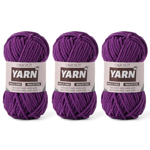 Flauschiges Chenille-Garn zum Häkeln, Babygarn zum Häkeln, weiche Decke, 3 Packungen mit 100 g, Amigurumi-Strickgarne – super sperrige 5 Samtgarne (3 Violett) von OMoiut