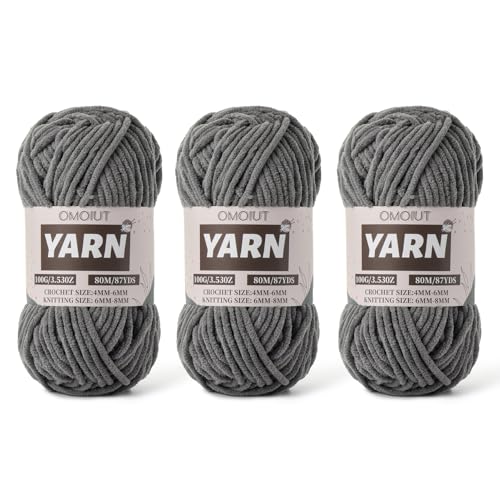 Flauschiges Chenille-Garn zum Häkeln, Babygarn zum Häkeln, weiche Decken, 100 g, Amigurumi-Garne, Samt, Kammgarne, 3 Stück, Dunkelgrau, 3 Stück von OMoiut