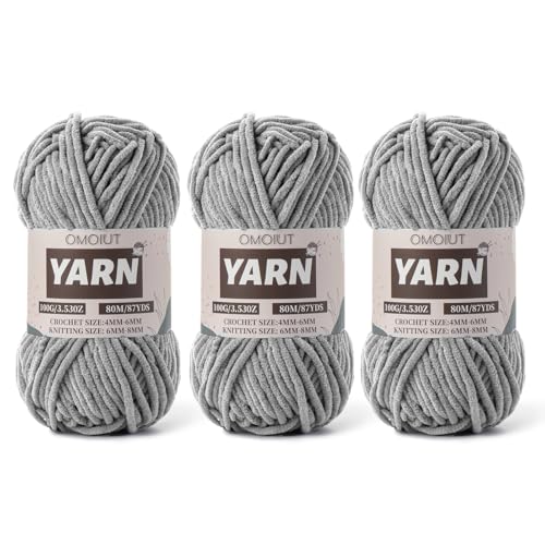 Flauschiges Chenille-Garn zum Häkeln, Babygarn zum Häkeln, weiche Decken, 100 g, Amigurumi-Garne, Samt, Kammgarne, 3 Stück, Grau, 3 Stück von OMoiut