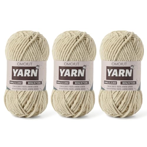 Flauschiges Chenille-Garn zum Häkeln, Babygarn zum Häkeln, weiche Decken, 100 g, Amigurumi-Garne, Samt, Kammgarne, 3 Stück, Hellkhaki, 5 Stück von OMoiut