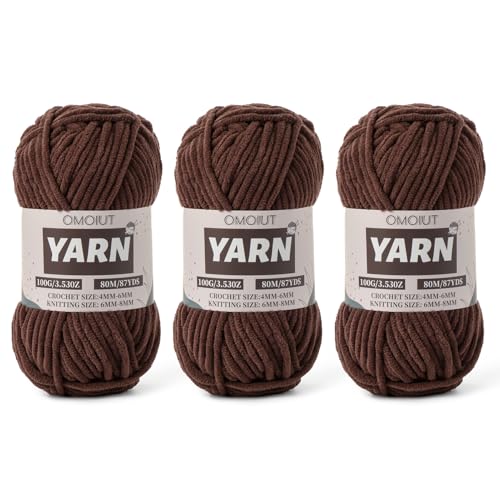 Flauschiges Chenille-Garn zum Häkeln, Babygarn zum Häkeln, weiche Decken, 3 Packungen mit 100 g, Amigurumi-Strickgarne, super sperrig, 5 Samtgarne (3 dunkles Kaffee) von OMoiut
