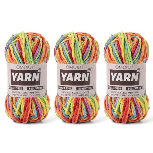 Flauschiges Chenille-Garn zum Häkeln, Babygarn zum Häkeln, weiche Decken, 3 Packungen mit 100 g, Amigurumi-Strickgarne – super sperrige 5 Samtgarne (3 Regenbogen) von OMoiut