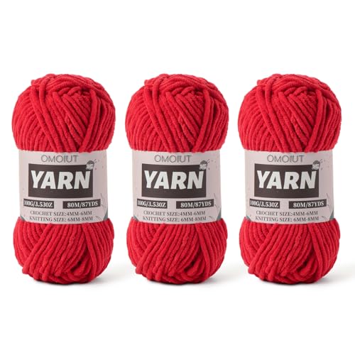 Flauschiges Chenille-Garn zum Häkeln, Babygarn zum Häkeln, weiche Decken, 3 Packungen mit 100 g, Amigurumi-Strickgarne – super sperrige 5 Samtgarne (3 rot) von OMoiut