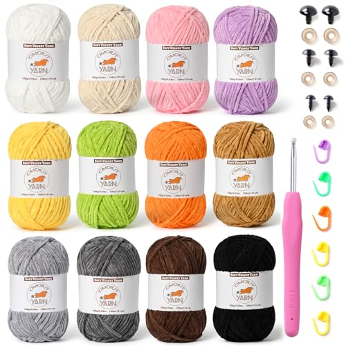 Flauschiges Chenille-Garn zum Häkeln, weiches, sperriges Samtgarn zum Stricken, Plüsch-Babydecken-Häkelgarn, 1500 m, mehrfarbig, Amigurumi-Garne zum Basteln, Set D, 12 Knäuel von OMoiut