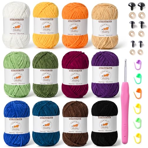Flauschiges Chenille-Garn zum Häkeln, weiches, sperriges Samtgarn zum Stricken, Plüsch-Babydecken-Häkelgarn, 1500 m, mehrfarbig, Amigurumi-Garne zum Basteln, Set E, 12 Knäuel Flauschiges Chenille-Garn zum Häkeln, weiches, sperriges Samtgarn zum Stricken, Plüsch-Babydecken-Häkelgarn, 1500 m, mehrfarbig, Amigurumi-Garne zum Basteln, Set E, 12 Knäuel von OMoiut
