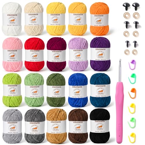 Flauschiges Chenille-Garn zum Häkeln, weiches, sperriges Samtgarn zum Stricken, Plüsch-Babydecken-Häkelgarn, 2600 m, mehrfarbig, Amigurumi-Garne zum Basteln, Set A, 20 Knäuel von OMoiut