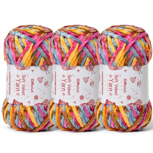 Flauschiges Samt-Chenille-Garn zum Häkeln und Stricken, 3 x 100 g, Babygarn zum Häkeln, weiche, grobe Häkelgarne, Amigurumi-Garne (Sonnenaufgang) von OMoiut