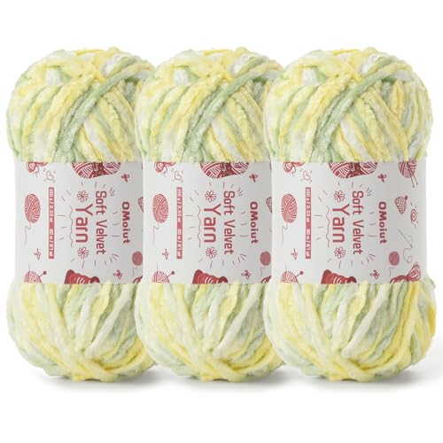 Flauschiges Samt-Chenille-Garn zum Häkeln und Stricken, 3 x 100 g Babygarn zum Häkeln, weiche, grobe Häkelgarne, Amigurumi-Garne (3 grünlich-gelb) von OMoiut