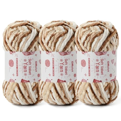 Flauschiges Samt-Chenille-Garn zum Häkeln und Stricken, 3 x 100 g Babygarn zum Häkeln, weiche, grobe Häkelgarne, Amigurumi-Garne (3 x weißer Kaffee) von OMoiut