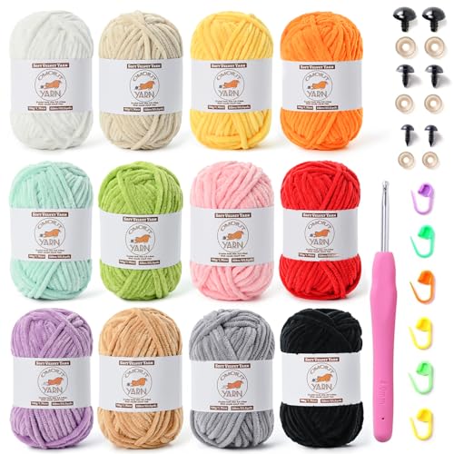 Flauschiges Samtgarn zum Häkeln, grobes Chenille-Babygarn zum Häkeln, weiche Decke, Amigurumi-Garne zum Stricken, sperrige, mehrfarbige Häkelgarne, Set A, 12 Stück Flauschiges Samtgarn zum Häkeln, grobes Chenille-Babygarn zum Häkeln, weiche Decke, Amigurumi-Garne zum Stricken, sperrige, mehrfarbige Häkelgarne, Set A, 12 Stück von OMoiut