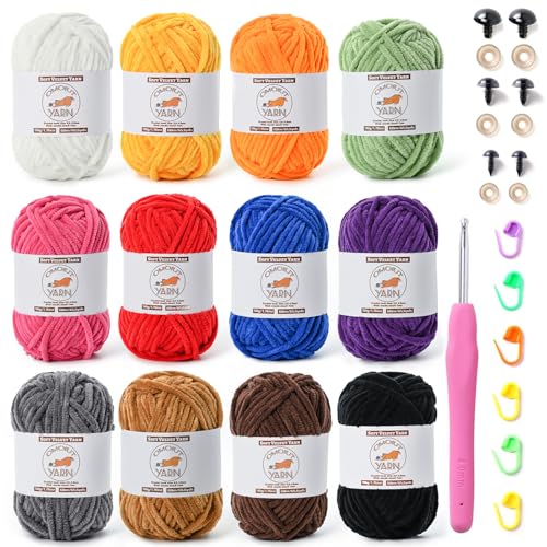 Flauschiges Samtgarn zum Häkeln, grobes Chenille-Babygarn zum Häkeln, weiche Decke, Amigurumi-Garne zum Stricken, sperrige, mehrfarbige Häkelgarne, Set B, 12 Stück von OMoiut