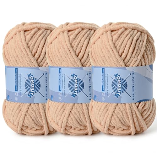 Grobes Chenille-Garn zum Häkeln, Babygarn zum Häkeln, weiche Decken, sperrige Garne zum Häkeln, Amigurumi, 300 g, flauschige Samtgarne zum Handstricken, 3 Stück, Aprikose von OMoiut