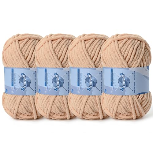 Grobes Chenille-Garn zum Häkeln, Babygarn zum Häkeln, weiche Decken, sperrige Garne zum Häkeln, Amigurumi, 400 g, flauschige Samtgarne zum Handstricken, 4 Stück, Aprikose von OMoiut
