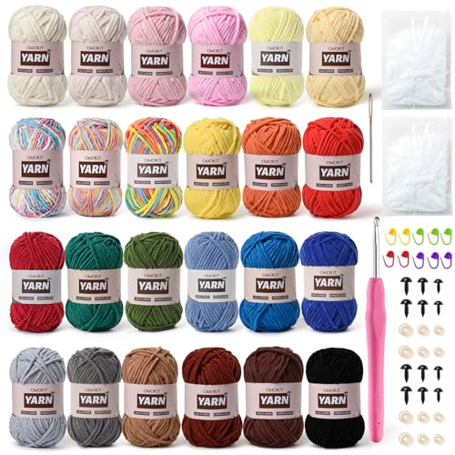 OMoiut Amigurumi-Garn-Set mit 1200 g Häkelgarn, Häkelnadel, Maschenmarkierer, flauschige Füllung, Zubehör, 24 Stück OMoiut Amigurumi-Garn-Set mit 1200 g Häkelgarn, Häkelnadel, Maschenmarkierer, flauschige Füllung, Zubehör, 24 Stück von OMoiut