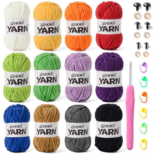 Samtgarn zum Stricken, grobes Chenille-Garn zum Häkeln, Babygarn zum Häkeln, weiche Decke, super sperrig, 1000 g, mehrfarbig, Amigurumi-Garne, Set C, 12 Stück von OMoiut