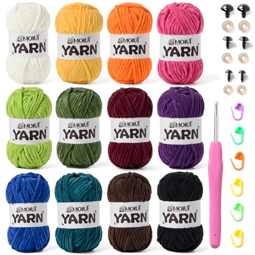 Samtgarn zum Stricken, grobes Chenille-Garn zum Häkeln, Babygarn zum Häkeln, weiche Decke, super sperrig, 1000 g, mehrfarbiges Amigurumi-Garn, Set A, 12 Stück von OMoiut