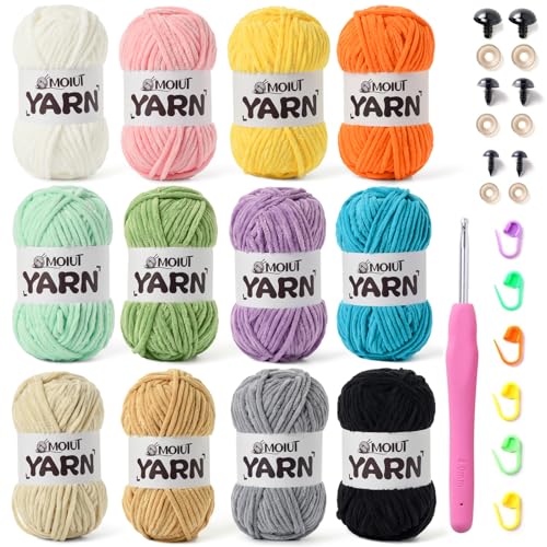 Samtgarn zum Stricken, grobes Chenille-Garn zum Häkeln, Babygarn zum Häkeln, weiche Decke, super sperrig, 1000 g, mehrfarbiges Amigurumi-Garn, Set B, 12 Stück von OMoiut