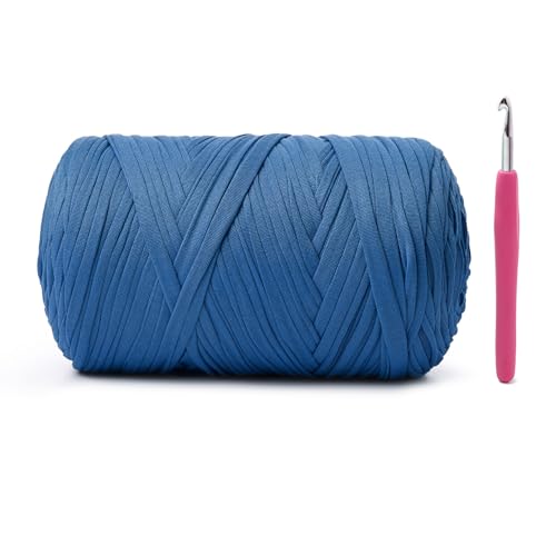 Weiches T-Shirt-Häkelgarn, 400 g, hochelastische Handstrickgarne, dickes T-Shirt-Garn zum Häkeln von Taschen, Körben, Kissen, Bastelarbeiten (Deep Lake Blue) von OMoiut