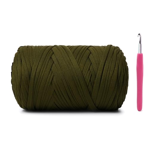 Weiches T-Shirt-Häkelgarn, 400 g, hochelastische Handstrickgarne, dickes T-Shirt-Garn zum Häkeln von Taschen, Körben, Kissen, Bastelarbeiten (Olivgrün) von OMoiut