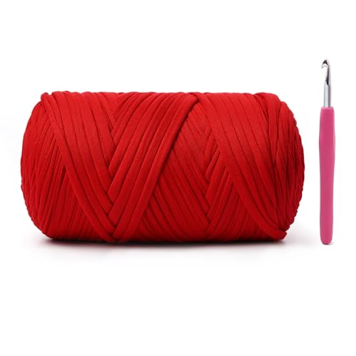 Weiches T-Shirt-Häkelgarn, 400 g, hochelastische Handstrickgarne, dickes T-Shirt-Garn zum Häkeln von Taschen, Körben, Kissen, Bastelarbeiten (rot) von OMoiut