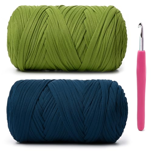Weiches T-Shirt-Häkelgarn, 800 g, hochelastische Handstrickgarne, dickes T-Shirt-Garn zum Häkeln von Taschen, Körben, Kissen, Bastelarbeiten, Limettengrün + Jeansblau, 2 Stück Weiches T-Shirt-Häkelgarn, 800 g, hochelastische Handstrickgarne, dickes T-Shirt-Garn zum Häkeln von Taschen, Körben, Kissen, Bastelarbeiten, Limettengrün + Jeansblau, 2 Stück von OMoiut