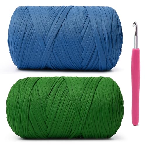 Weiches T-Shirt-Häkelgarn, 800 g, hochelastische Handstrickgarne, dickes T-Shirt-Garn zum Häkeln von Taschen, Körben, Kissen, Bastelarbeiten (Blau + Grasgrün), 2 Stück von OMoiut
