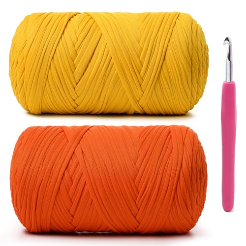 Weiches T-Shirt-Häkelgarn, 800 g, hochelastische Handstrickgarne, dickes T-Shirt-Garn zum Häkeln von Taschen, Körben, Kissen, Bastelarbeiten (Golden + Orange), 2 Stück von OMoiut
