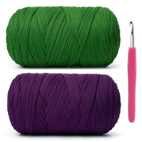 Weiches T-Shirt-Häkelgarn, 800 g, hochelastische Handstrickgarne, dickes T-Shirt-Garn zum Häkeln von Taschen, Körben, Kissen, Bastelarbeiten (Grasgrün + Violett), 2 Stück von OMoiut