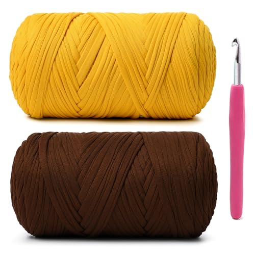 Weiches T-Shirt-Häkelgarn, 800 g, hochelastische Handstrickgarne, dickes T-Shirt-Garn zum Häkeln von Taschen, Körben, Kissen, Bastelarbeiten (Kaffee + Gold), 2 Stück von OMoiut