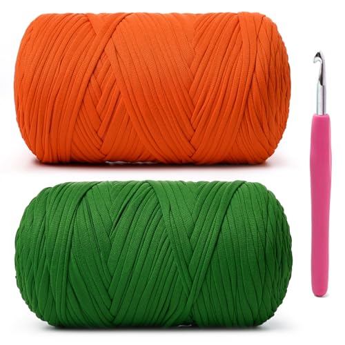 Weiches T-Shirt-Häkelgarn, 800 g, hochelastische Handstrickgarne, dickes T-Shirt-Garn zum Häkeln von Taschen, Körben, Kissen, Bastelarbeiten (Orange + Grasgrün), 2 Stück von OMoiut