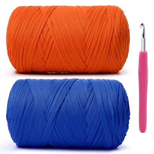 Weiches T-Shirt-Häkelgarn, 800 g, hochelastische Handstrickgarne, dickes T-Shirt-Garn zum Häkeln von Taschen, Körben, Kissen, Bastelarbeiten (Orange + Königsblau), 2 Stück von OMoiut