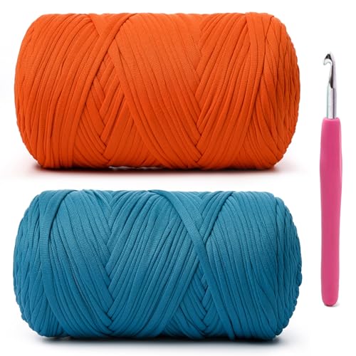 Weiches T-Shirt-Häkelgarn, 800 g, hochelastische Handstrickgarne, dickes T-Shirt-Garn zum Häkeln von Taschen, Körben, Kissen, Bastelarbeiten (Orange + Seeblau), 2 Stück von OMoiut