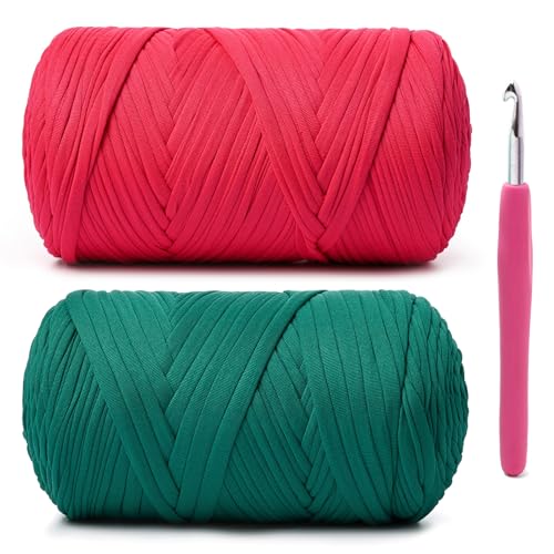 Weiches T-Shirt-Häkelgarn, 800 g, hochelastische Handstrickgarne, dickes T-Shirt-Garn zum Häkeln von Taschen, Körben, Kissen, Bastelarbeiten (Rose + Pfauengrün), 2 Stück von OMoiut