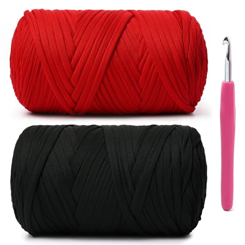 Weiches T-Shirt-Häkelgarn, 800 g, hochelastische Handstrickgarne, dickes T-Shirt-Garn zum Häkeln von Taschen, Körben, Kissen, Bastelarbeiten (Rot + Schwarz) von OMoiut