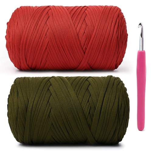 Weiches T-Shirt-Häkelgarn, 800 g, hochelastische Handstrickgarne, dickes T-Shirt-Garn zum Häkeln von Taschen, Körben, Kissen, Bastelarbeiten (Rubin + Moosgrün), 2 Stück von OMoiut