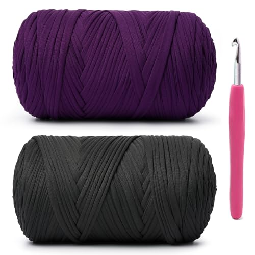 Weiches T-Shirt-Häkelgarn, 800 g, hochelastische Handstrickgarne, dickes T-Shirt-Garn zum Häkeln von Taschen, Körben, Kissen, Bastelarbeiten (Violett + Carbon-Schwarz), 2 Stück von OMoiut