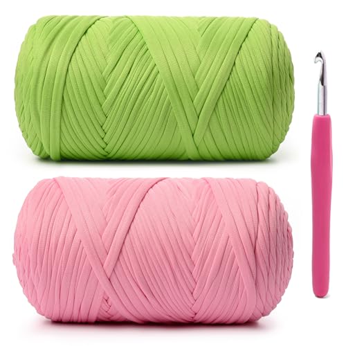 Weiches T-Shirt-Häkelgarn, 800 g, hochelastische Handstrickgarne, dickes T-Shirt-Garn zum Häkeln von Taschen, Körben, Kissen, Bastelarbeiten (grüner Apfel + Pfirsich), 2 Stück von OMoiut