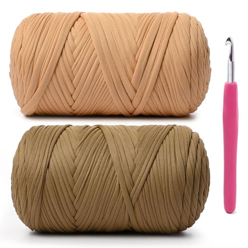 Weiches T-Shirt-Häkelgarn, 800 g, hochelastische Handstrickgarne, dickes T-Shirt-Garn zum Häkeln von Taschen, Körben, Kissen, Bastelarbeiten (hellbraun + dunkles Khaki), 2 Stück von OMoiut