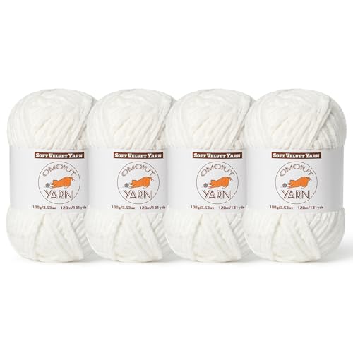 Weißes, flauschiges Samtgarn zum Häkeln, grobes Chenille-Babydeckengarn zum Häkeln, weiches, flauschiges Puzzle-Garn zum Stricken, (je 100 g) sperrige, dicke Amigurumi-Häkelgarne, 4 Stück von OMoiut