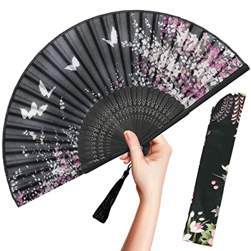 OMyTea Faltbarer Handfächer für Frauen,Faltbarer chinesischer japanischer Vintage-Bambusseide-Fan,für Hot Flash, Kirche, EDM, Musikfestival, Party, Tanz, Dekoration, Geschenk (Black Sakura) von OMyTea