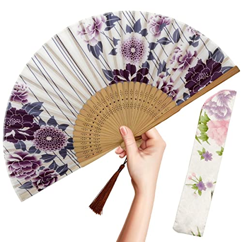 OMyTea Faltbarer Handfächer für Frauen,Faltbarer chinesischer japanischer Vintage-Bambusseide-Fan,für Hot Flash, Kirche, EDM, Musikfestival, Party, Tanz, Dekoration, Geschenk (Pfingstrose) von OMyTea