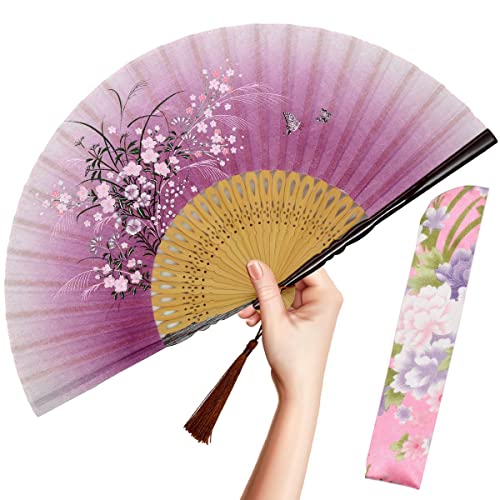 OMyTea Faltbarer Handfächer für Frauen,Faltbarer chinesischer japanischer Vintage-Bambusseide-Fan,für Hot Flash, Kirche, EDM, Musikfestival, Party, Tanz, Dekoration, Geschenk (Rosa Grasblume) von OMyTea