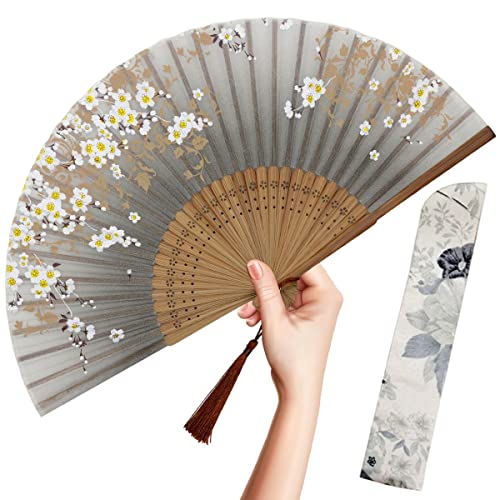OMyTea Faltbarer Handfächer für Frauen - Faltbarer chinesischer japanischer Bambus-Seidenfächer - für Hot Flash, Kirche, EDM, Musikfestival, Party, Tanz, Dekoration, Geschenk (Gray Sakura) von OMyTea