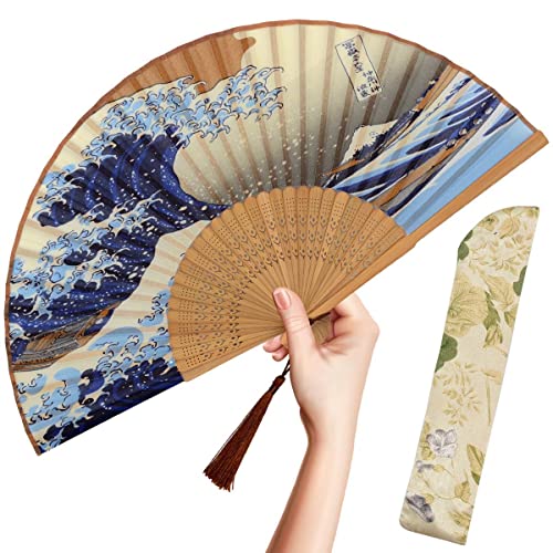 OMyTea Faltbarer Handfächer für Frauen - Faltbarer chinesischer japanischer Bambus-Seidenfächer - für Hot Flash, Kirche, EDM, Musikfestival, Party, Tanz, Dekoration, Geschenk (japanische Meereswellen) von OMyTea