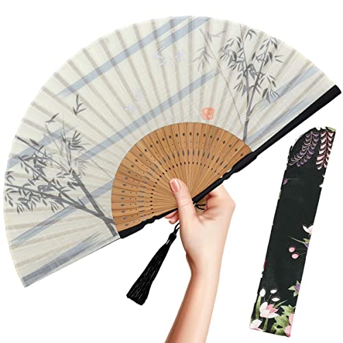 OMyTea Faltbarer Handfächer für Frauen - Faltbarer chinesischer japanischer Bambus-Seidenfächer - für Hot Flash, Kirche, EDM, Musikfestival, Party, Tanz, Dekoration, Geschenk (weißer Bambuswald) von OMyTea